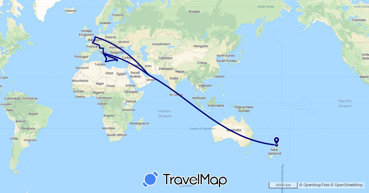TravelMap itinerary: driving in United Arab Emirates, Belgium, Switzerland, France, Greece, Italy, Malta, Netherlands, New Zealand (Asia, Europe, Oceania)
